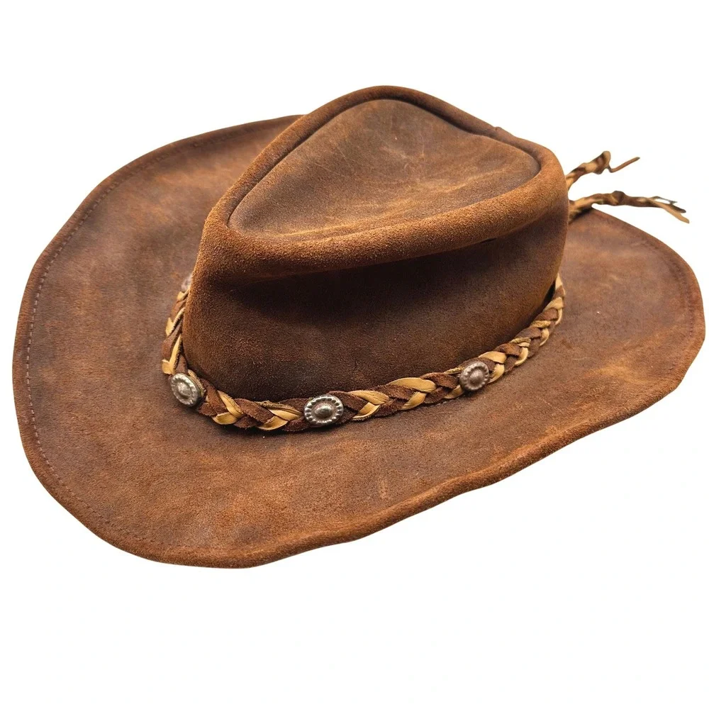 Vintage Brown Suede Leather Cowboy Hat Braided Band Concho Western Mexico Hat L